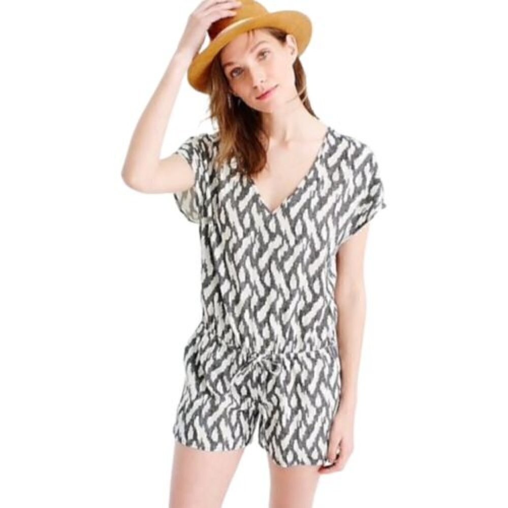 J. Crew Gray & White Ikat Tie Waist Short Sleeve Romper XXS
